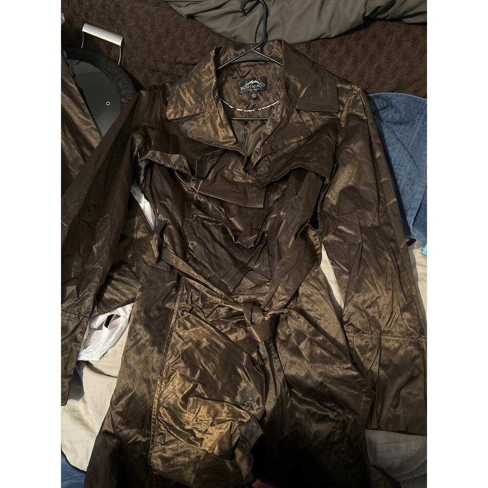 MontanaCo‎ Brown Satin Ruffle Trench NWOT size medium